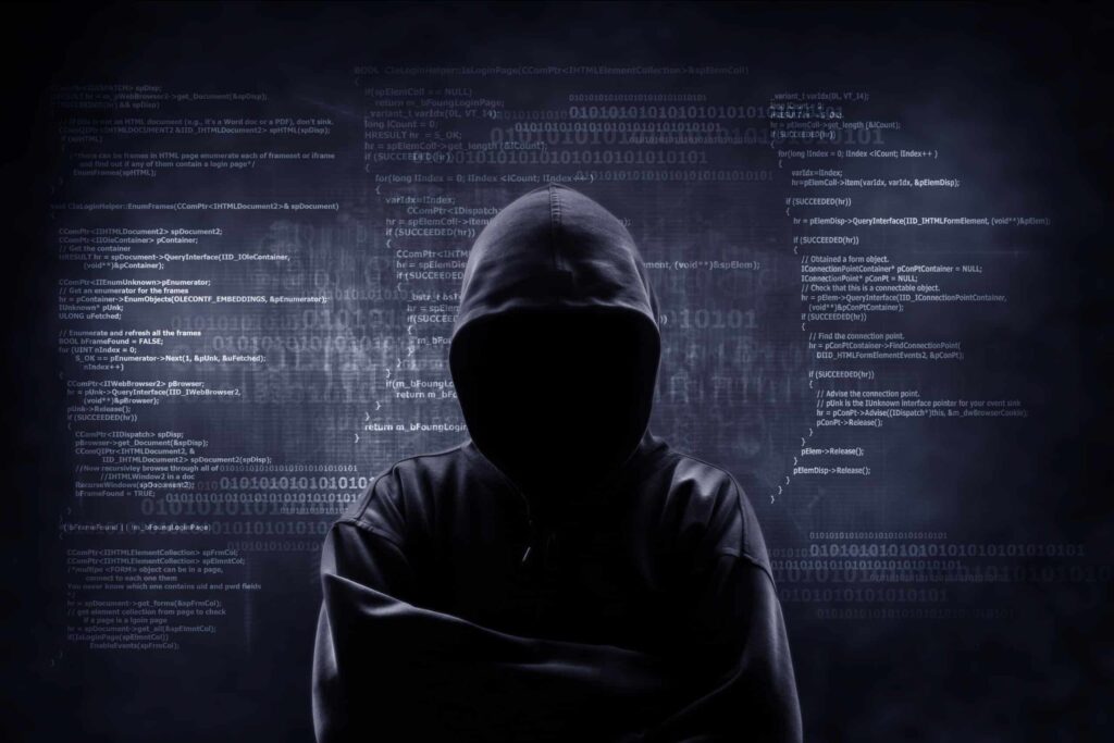 Internet crime concept. Hacker working on a code on dark digital